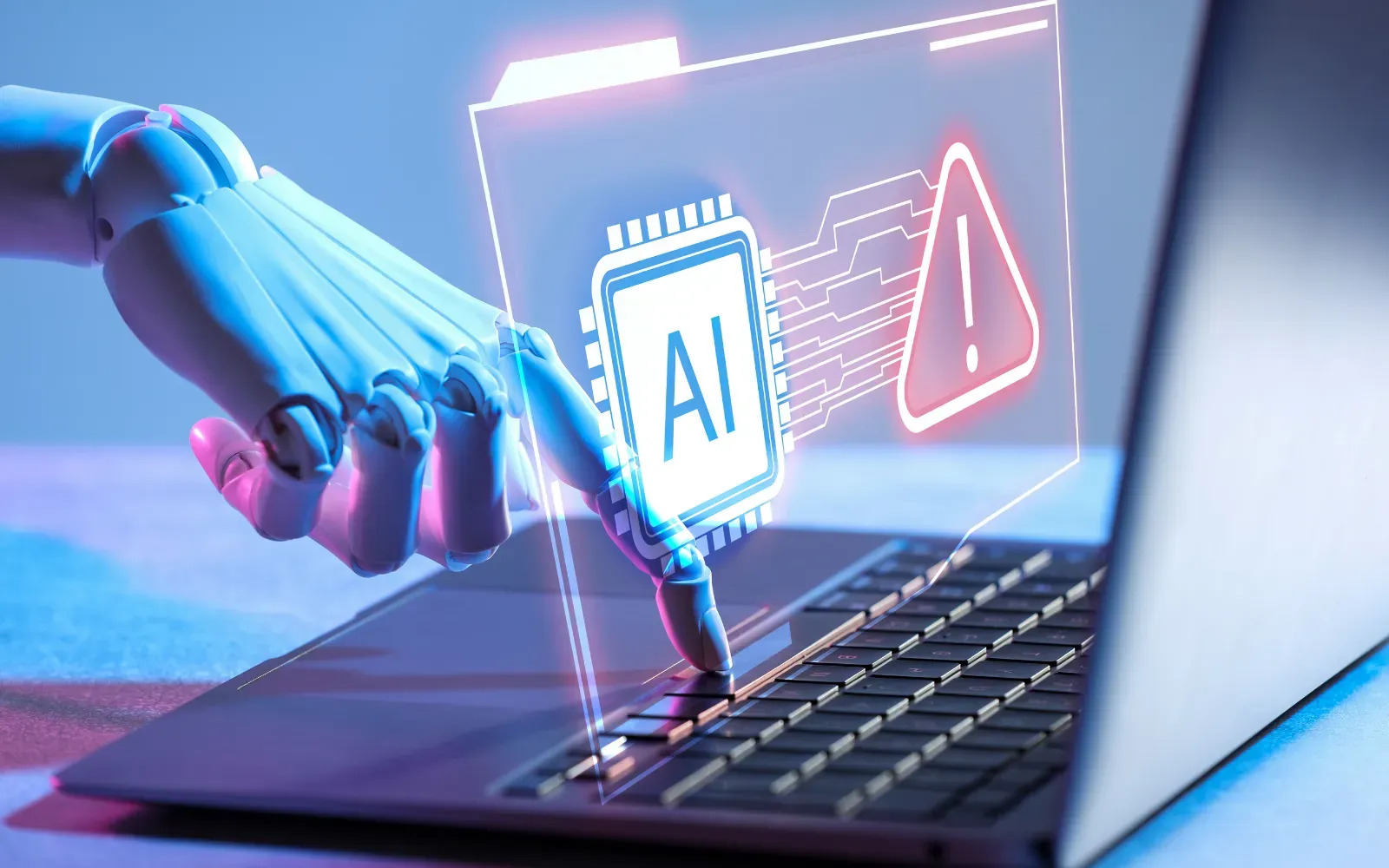 Robotska roka se dotika tipkovnice, nad njo ikona AI in opozorilni znak